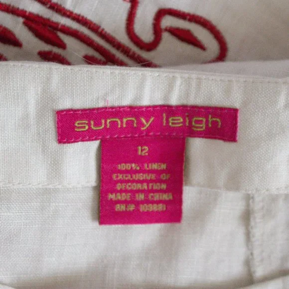 100% Linen Skirt Boho Sunny Leigh Embroidered White Skirt Red Detail Size 12 - Picture 10 of 10